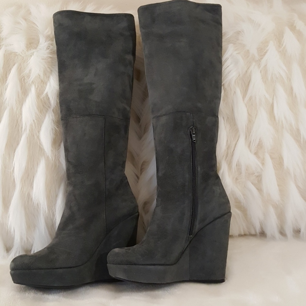Stuart Weitzman grey suede platform wedge boots
